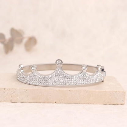 14k Gold Plated Cubic Zirconia Bangle Classic Bracelets for Woman, Sparkly Rhinestones Crown Bangle Stainless Steel Stackable Cuff Bracelet Trendy Statement Jewelry Gifts - color: SilverCrown