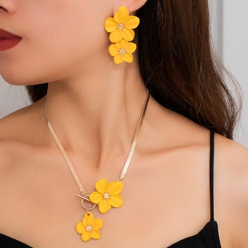 Colorful Flower Necklace Earrings Set for Women Gold Snake Chain Toggle Clasp Pendant Necklaces Dainty Double Flowers Statement Earrings Bridal Wedding Summer Beach Jewelry for Women - color: yellow