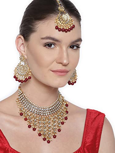 Aheli Elegant Indian Wedding Wear Faux Kundan Studded Choker Necklace with Maang Tikka Set Ethnic Fashion Jewelry for Women Maroon Kundan & Pearl Drop - color: Red 2