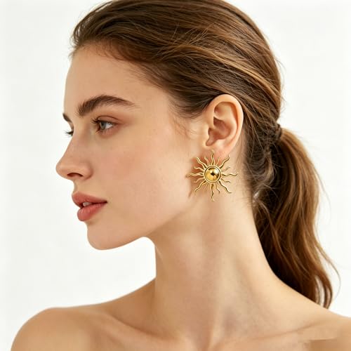Gold Statement Earrings For Women, 14K Gold Plated Textured Geometric Drop Earrings - Hypoallergenic Stainless Steel Statement Earrings for Women, Waterproof Fan-Shaped Dangle Earrings for Beach & Daily Wear - color: Sunburst DKE252088GL