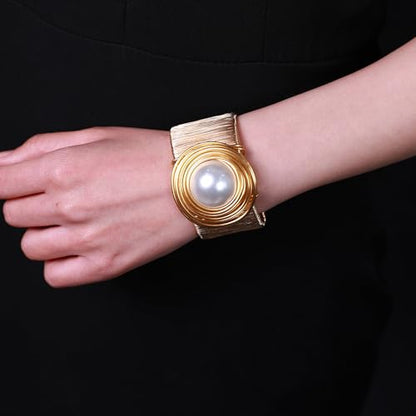 Chunky Gold Cuff Bracelets for Women Stack Silver Bracelet Vintage Bohemian Indian Bangles for Women Adjustable Open Wide Gold Bangle Bracelet Trendy Statement Jewelry - style: GOLD FINISH WHITE PEARL