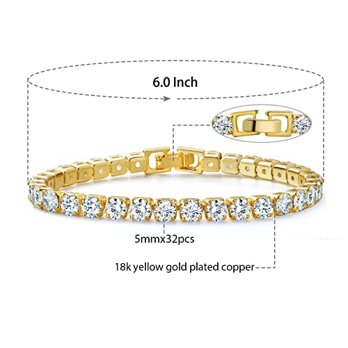 MDFUN 18K Yellow Gold Plated Round Tennis Bracelet for Women – Elegant 5mm Cubic Zirconia Tennis Bracelet – Great Gift for Mom, Wife & Loved Ones Size 6-8.5 inches - style: Round CZ- 6.0 in