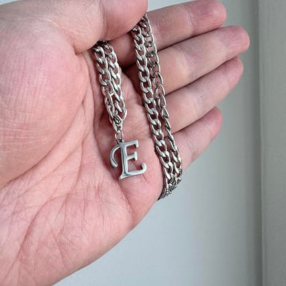 Stainless Steel Initial A-Z Necklace for Men Women,Cuban Chain,Titanium Steel Initial Letter Pendant Charm Necklaces Accessories Jewelry for Woman Man,21 Inch Chain - color: E