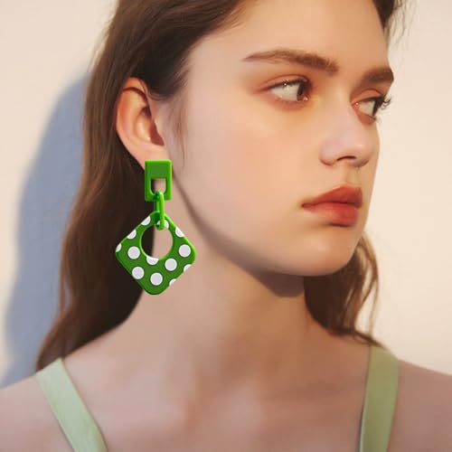 Handmade Lightweight Retro Polka Dot Square Hollow Round Dangle Drop Earrings Unique Chic Resin Geometric Stud Earrings For Women - style: Green Chain