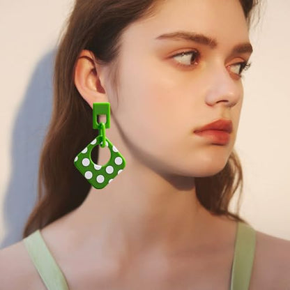 Handmade Lightweight Retro Polka Dot Square Hollow Round Dangle Drop Earrings Unique Chic Resin Geometric Stud Earrings For Women - style: Green Chain