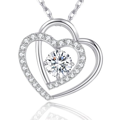 Double Heart Pendant Necklace (Women's Style), 2-Carat Moissanite Heart-Shaped Necklace, 18K white gold plating moissanite pendant Anniversary Birthday Gifts for Women, Jewelry Gift for Her Wife Girlfriend - size: 2-Carat white gold