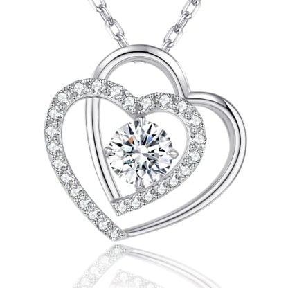 Double Heart Pendant Necklace (Women's Style), 2-Carat Moissanite Heart-Shaped Necklace, 18K white gold plating moissanite pendant Anniversary Birthday Gifts for Women, Jewelry Gift for Her Wife Girlfriend - size: 2-Carat white gold