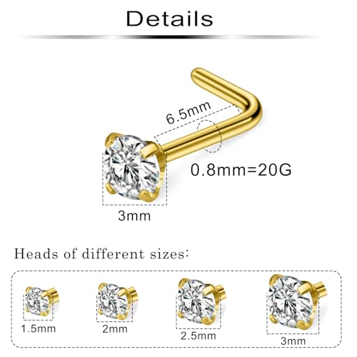8Pcs Nose Rings Studs 14K Gold Filled Surgical Steel L-Shape Nose Rings for Women 1.5/2mm/2.5mm/3mm Cubic Zirconia Nostril Screw Studs Hypoallergenic Nostril Piercings 20g 18g - color: 8pcs,20g,mix color,L-shpaped