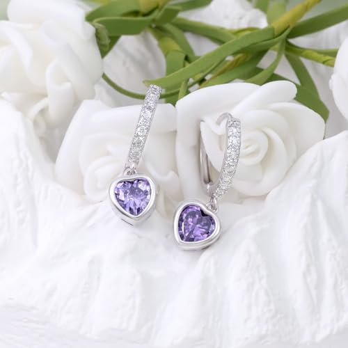 Heart Hoop Earrings with Dangle Sterling Silver Love Heart-Shaped Loop Earrings for Women Hypoallergenic Sparkle Birthstone Cubic Zirconia Hoop Earring with Dangling Charms Dainty Fashion Jewelry Gift - color: Purple