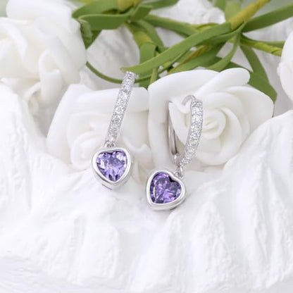 Heart Hoop Earrings with Dangle Sterling Silver Love Heart-Shaped Loop Earrings for Women Hypoallergenic Sparkle Birthstone Cubic Zirconia Hoop Earring with Dangling Charms Dainty Fashion Jewelry Gift - color: Purple