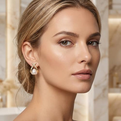 Gold Pearl Earrings For Women Gold Plated Stud Dangle Earrings | Gold Plated Pearl Earrings For Women Lightweight Stud And Dangle Design For Daily Wear Office Party Wedding Vacation