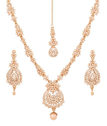 Touchstone Indian jewelry sets for women maang tikka wedding guest gold necklace bollywood jewellery set pageant elegant prom bride accessories western crystal chunky rhinestone necklaces - color: 4 White in gold plating pearl drop