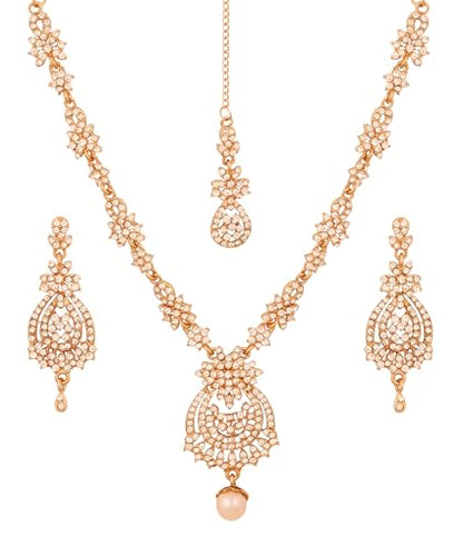 Touchstone Indian jewelry sets for women maang tikka wedding guest gold necklace bollywood jewellery set pageant elegant prom bride accessories western crystal chunky rhinestone necklaces - color: 4 White in gold plating pearl drop