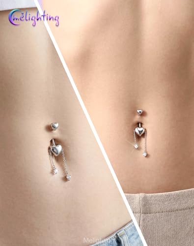 Melighting 14G Gold Belly Button Ring Dangle Chain, 10 mm Stainless Steel Belly Piercing Jewelry with CZ Heart Star Design, Cute Silver Navel Ring for Beach Daily Wear Women - color: Steel Heart