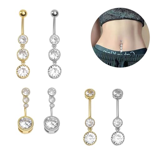 3Pcs 14G Stainless Steel Dangle Belly Button Rings Cubic Zirconia Heart Star Round Belly Navel Barbell Rings Belly Piercing Jewelry for Women - style: Gold Round