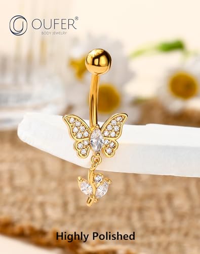 OUFER Gold Belly Button Ring, 14G Butterfly Dangle Belly Button Piercing, Pave Clear CZ Belly Rings, 316L Surgical Steel Navel Belly Piercing Jewelry For Women - style: Leaf Dangle