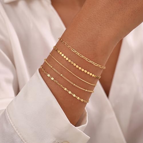 Dainty 14K Gold Plated Bracelets for Women Waterproof, Non Tarnish Gold Jewelry Sets, Thin Stackable Link Paperclip Chain Bracelet Pack Fashion Accessories Gifts for Womens - style: 5Pcs BRACELET SET-01