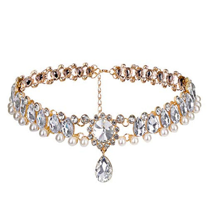 Bohemia Rhinestone Crystal Necklace Pearl Choker Wedding Jewelry Bridal Diamond Pendant for Women - color: gold