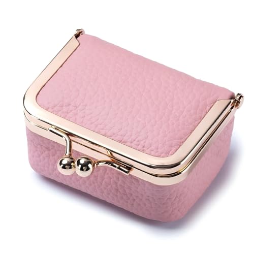 Genuine Leather Mini Jewelry Box - Vintage-Inspired Travel Jewelry Organizer with Kiss Lock, Compact Ring Box for Women, Perfect for Earrings, Rings, Necklaces, Bracelets (B Pink) - color: Pink L 2.95in