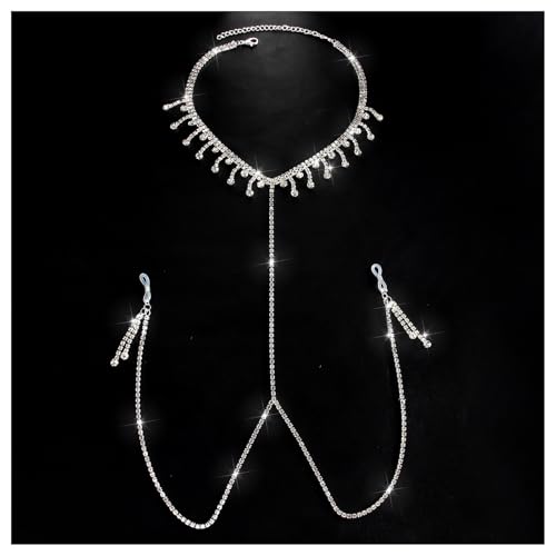 Rhinestone Tassel Choker Necklace Sexy Non Piercing Nipple Jewelry Summer Beach Chest Body Chain Crystal Nipple Body Accessories Jewelry for Women - color: Silver