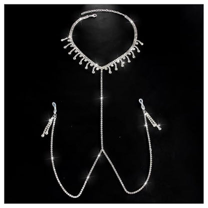 Rhinestone Tassel Choker Necklace Sexy Non Piercing Nipple Jewelry Summer Beach Chest Body Chain Crystal Nipple Body Accessories Jewelry for Women - color: Silver