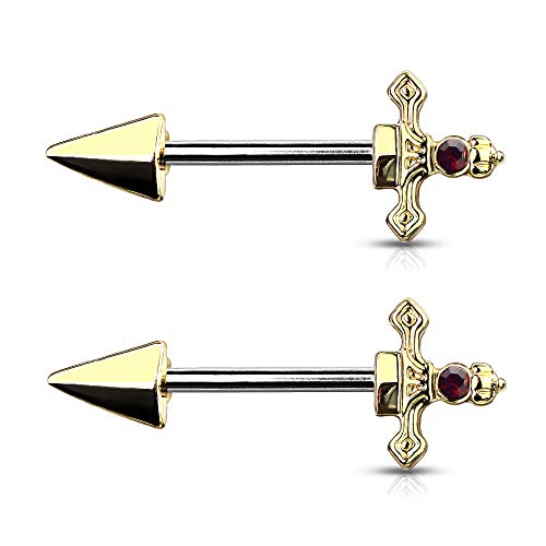 Pierced Owl - 14GA 316L Stainless Steel Red Gem Set Dagger Nipple Barbells, Sold as A Pair - style: Gold Tone