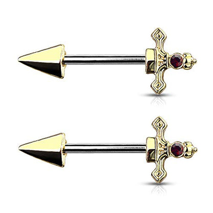 Pierced Owl - 14GA 316L Stainless Steel Red Gem Set Dagger Nipple Barbells, Sold as A Pair - style: Gold Tone
