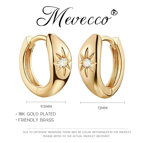 MEVECCO Chunky Huggie Hoop Earrings for Women Starburst Beaded Styles | 18K Gold Plated Brass, Triple Or Single Cubic Zirconia Star Details, Graduated Rounded Profile, Front Stone Row - style: Starburst One