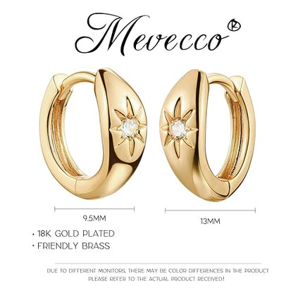 MEVECCO Chunky Huggie Hoop Earrings for Women Starburst Beaded Styles | 18K Gold Plated Brass, Triple Or Single Cubic Zirconia Star Details, Graduated Rounded Profile, Front Stone Row - style: Starburst One