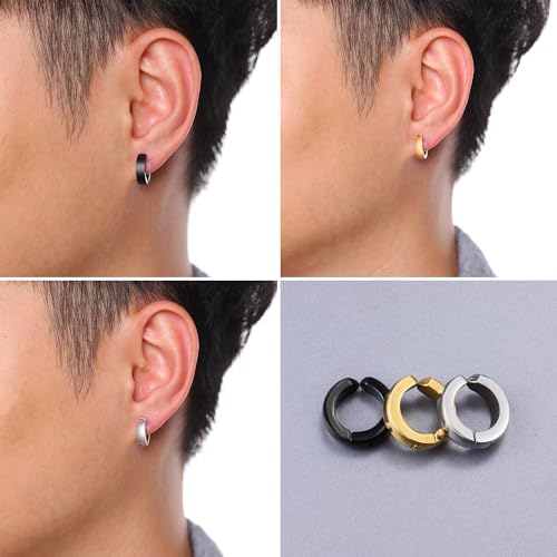 SIISPRI Stainless Steel Mens Womens Clip On Earrings Hoop Huggie Non-Piercing - color: 3-Color Set (Black, Gold, Silver)