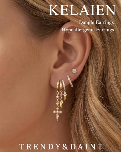 Dangle Gold Earrings for Women Trendy Triple Huggie Chain Earrings 14K Gold Plated Statement Cute Drop Dangle Earrings Dainty Hypoallergenic Chunky Hoop Earrings Fun Earring Stacks Jewelry - color: C-Cross Earrings