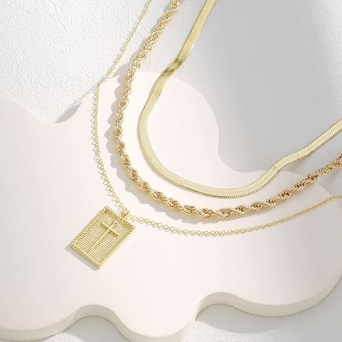 Evabelle Gold Layered Necklace for Women Trendy Jewelry 14K Real Gold Plated Chunky Chain Stackable Necklaces Dainty Choker Necklaces Rectangle Square Pendant - color: Gold Necklace 17