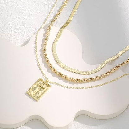 Evabelle Gold Layered Necklace for Women Trendy Jewelry 14K Real Gold Plated Chunky Chain Stackable Necklaces Dainty Choker Necklaces Rectangle Square Pendant - color: Gold Necklace 17