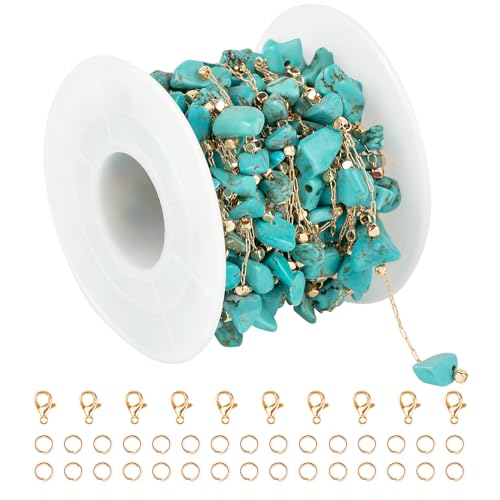 KYUNHOO 5M Gold Plated Chain for Jewelry Making Turquoise Blue Stone Chain | Gold Brass Necklace Jewelry Bulk Chain for Bracelet Ankle Crafting Finding Jewelry Supplies - color: Natural Stone-Blue