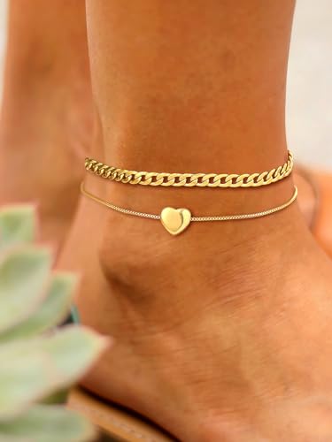 U7 2Pcs/3Pcs Ankle Bracelets for Women, Stainless Steel Cuban Link/Figaro/Rope/Heart Chain Anklets Sets,Waterproof Layered Anklets Adjustable 8.5"-10.5" - color: 02. 2Pcs Style B-Gold