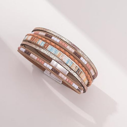Boho Layered Leather Wrap Bracelets Chunky Western Country Hippie Jewelry | Stackable Bohemian Cowgirl Magnetic Clasp Cuff Bangle Set Fashion Stack Statement Festival Trendy Jewelry Gifts for Women - color: Brown