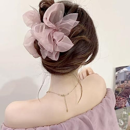 Elegant Mesh Tulle Hair Claws with Large Bowknot - Chiffon Hair Clips for Thick Hair and Women's Hair Accessories - color: pink