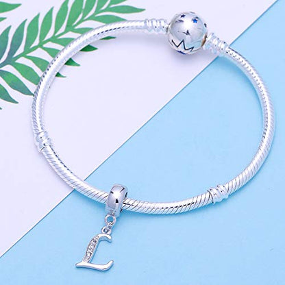 925 Sterling Silver Letter Charms Fits Pandora Bracelets, Gift for Women | A-Z Alphabet Initial Charm with CZ,Great gift for Christmas, Valentine's Day, Mother's Day. - color: L