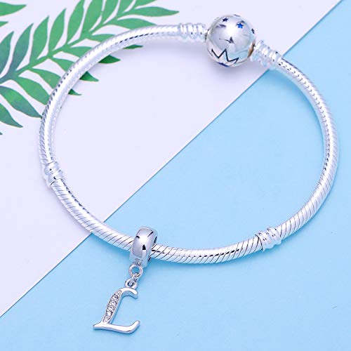 925 Sterling Silver Charms Alphabet Beads fit Pandora Charm Bracelets A-Z Letter Initial Spacer Dangle Clear CZ Stone Authentic for Snake Chain Bracelets - color: L