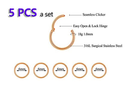 5Pcs 16G 18G Surgical Steel Nose Rings Hoop Tragus Septum Cartilage Hoop Earrings For Women Men Body Piercing Jewelry Kit Bar Length 6mm/8mm/10mm/12mm/14mm - style: 5Pcs -18G - Rose Gold - 6mm