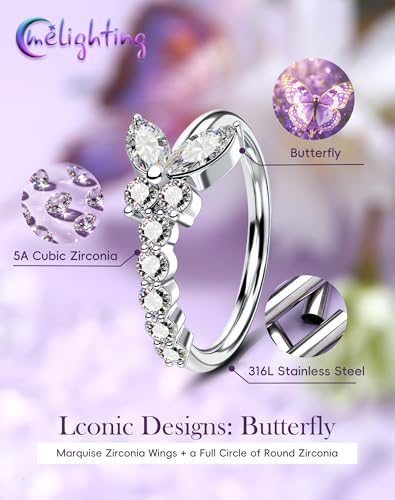 Melighting 20G Butterfly Nose Ring Hoop 8 mm Open Seamless Nose Piercing Jewelry Surgical Steel 316L, Twist Nostril Ring with Marquise and Round CZ, Silver Flower Body Piercing for Women - style: Butterfly