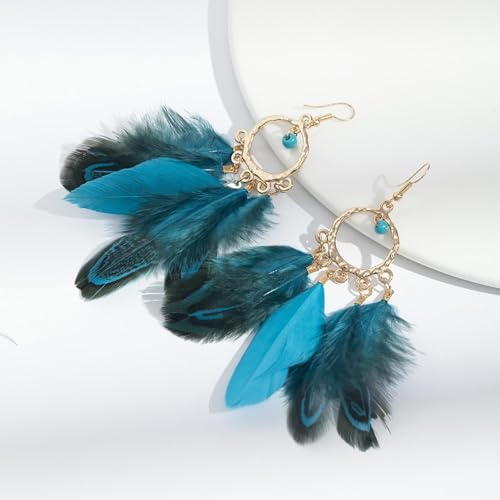 Feather Earrings for Women Boho Jewelry Peacock Feather Long Brown Light weight Western Earrings - color: A2:blue feather earrings