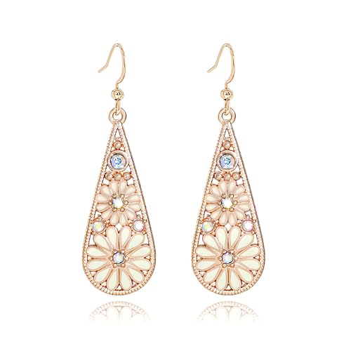 MALOYANVE Bohemian Crystal Teardrop Earrings for Women Vintage Tribal Geometric Enamel Rhinestone Hollow Flower Earring Handmade National Statement Jewelry Gift - color: Gold White