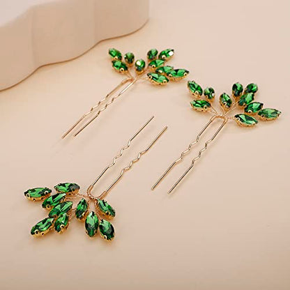 Teyglen 3pcs Bridal Crystal Hair Pins Rhinestones Hair Pieces Simple Crystal Wedding Hair Accessories Handmade Hair Pins for Women Bride Girls (Green-gold) - color: Green-gold