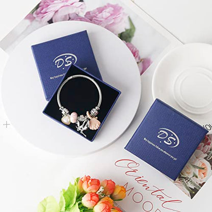 DS Charm Bracelets for girls,exquisite cute cartoon friendship bracelets Silver Stainless Steel Bangle with birthday Gift box, Adjustable girls jewelry Suitable for holiday gifts - style: Silver-Pink Shell Angel