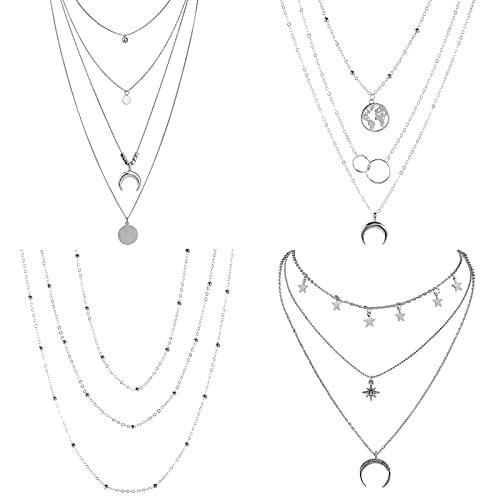 4-6Pcs Multiple Layered Necklaces for Women Choker Necklace with Moon Star Coin Chain Necklace Jewelry for Women - color: 4PCS Multiple Silver Necklace