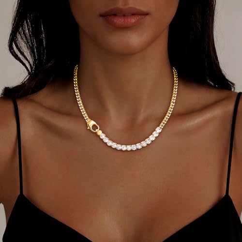 IMBOS 14K Gold Plated Chunky Chain Choker Necklaces for Women Chunky Gold Necklace Tennis Necklace for Women CZ Love Chain Cuban Link Choker Jewelry Gifts - color: Gold-Chunky Tennis