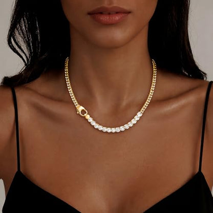 IMBOS 14K Gold Plated Chunky Chain Choker Necklaces for Women Chunky Gold Necklace Tennis Necklace for Women CZ Love Chain Cuban Link Choker Jewelry Gifts - color: Gold-Chunky Tennis