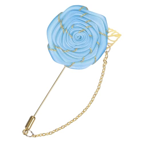 M METERXITY Rose Brooch Pin Cloth Rose Flower with Gold Leaf Brooch, Rose Flower Lapel Pin for Men Wedding Accessories/Suit Tuxedo Corsage Wedding Party Brooch - color: Light Blue
