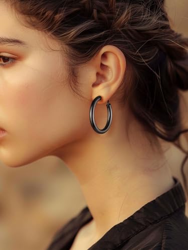 FindChic Hoop Earrings for Women, Silver/Black/14K Gold Plated Hypoallergenic Hollow Round Tube Loop Earrings, 20mm/30mm/40mm/60mm/80mm Chunky Hoops with Custom Name Options & Gift Box - color: a.Black, size: 40MM